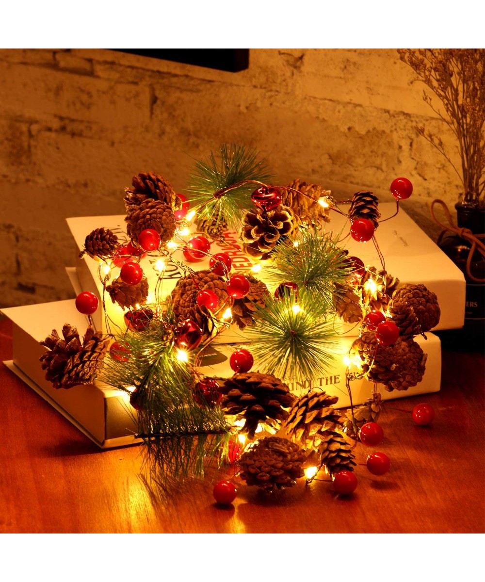 Red Berry with Pine Cone Bell Garland Lights- 6.5 ft 20 LED Battery Powered String Lights with 8 Flicker Modes Remote Timer f...