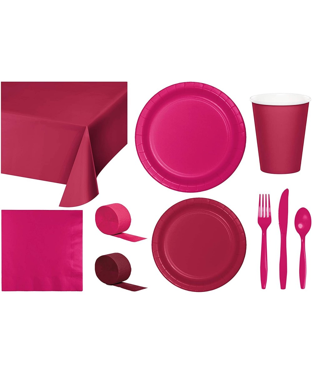 Party Bundle Bulk- Tableware for 24 People Burgundy and Magenta Pink- 2 Size Plates Napkins- Paper Cups Tablecovers and Cutle...
