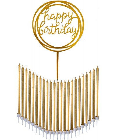 24 Count Tall Thin Metallic Gold Slow Burning Birthday Candles in Holders with Matching Elegant Classy Cake Topper for Specia...