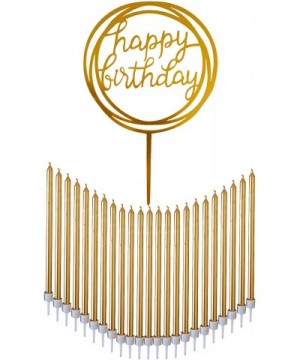 24 Count Tall Thin Metallic Gold Slow Burning Birthday Candles in Holders with Matching Elegant Classy Cake Topper for Specia...