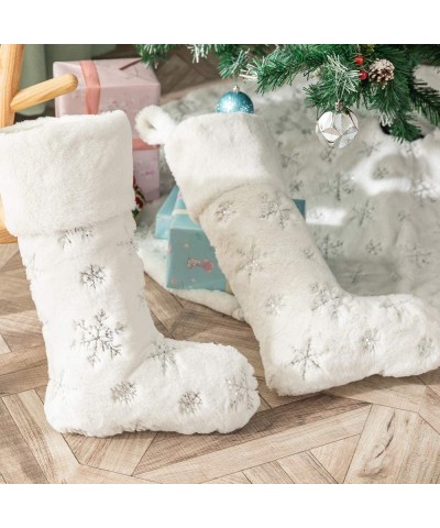 Plush Christmas Stockings White Fur 2 Pcs 22 inches Large Silver Snowflake Sequin Embroidered Stockings for Family Holiday Xm...