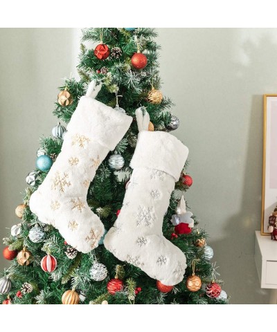 Plush Christmas Stockings White Fur 2 Pcs 22 inches Large Silver Snowflake Sequin Embroidered Stockings for Family Holiday Xm...