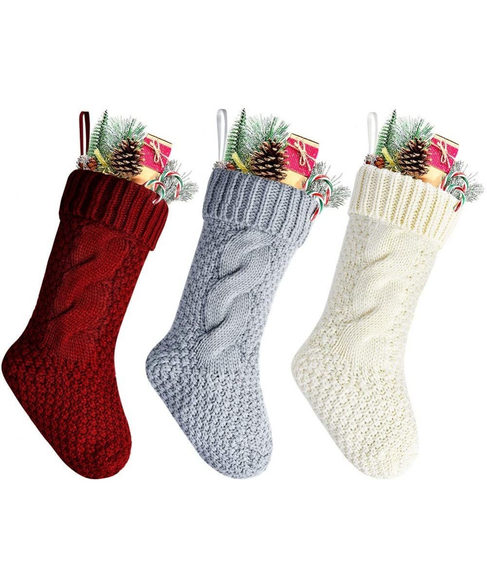 14" Unique Burgundy and Ivory and Gray Knitted Christmas Stockings-3 Pack - Burgundy-gray-ivory - C218Y55A06H $14.99 Stocking...