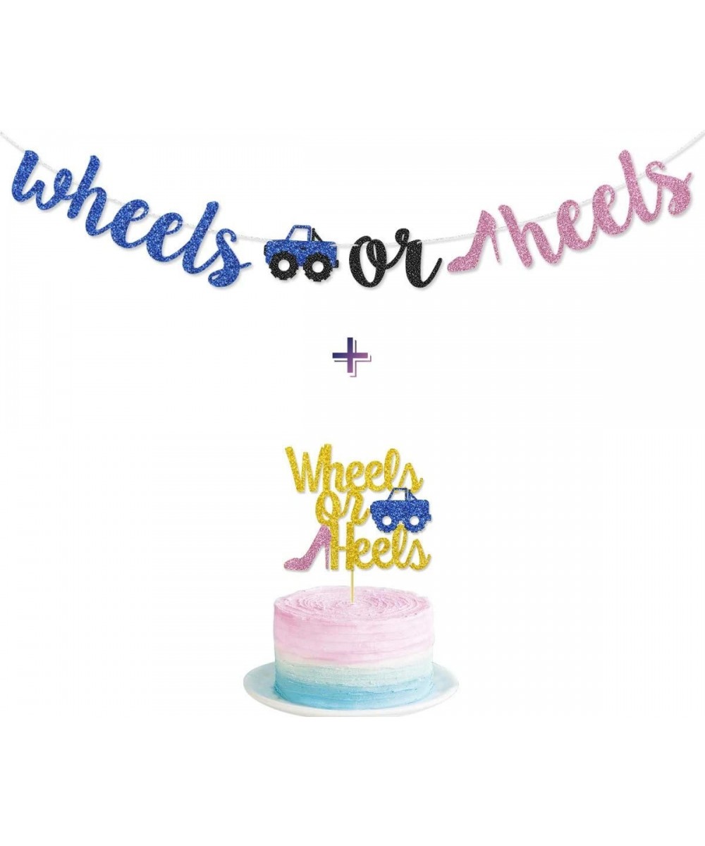 Wheels or Heels Gender Reveal Banner Glitter Pre-Strung for Boy or Girl Blue or Pink Baby Shower Gender Reveal Party Ideas - ...