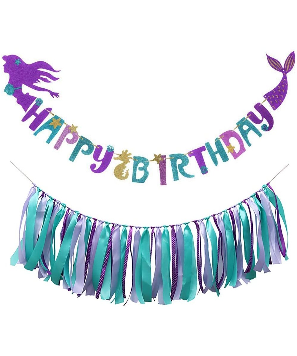 Mermaid Happy Birthday Banner with Mermaid Ribbon Tassel Garland Under the Sea Mermaid Theme Party Decoration for Kids - C118...