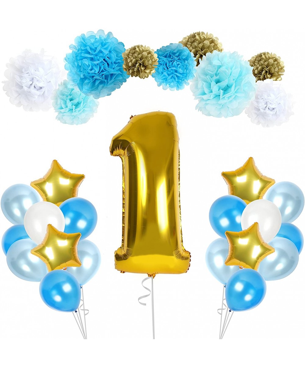 Happy First 1st Birthday Boy Decorations with Wonderland Supplies for Babys Banner Blue White and Gold Pom Poms Party Latex F...