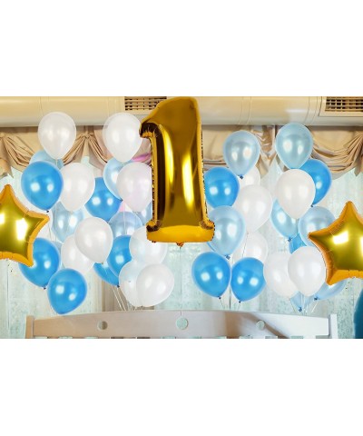 Happy First 1st Birthday Boy Decorations with Wonderland Supplies for Babys Banner Blue White and Gold Pom Poms Party Latex F...