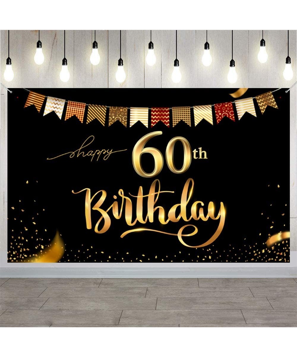 60th Birthday Backdrop Gold and Black 5.2x3.3 ft Happy 60th Birthday Party Decorations Banner for Women Men Photography Suppl...