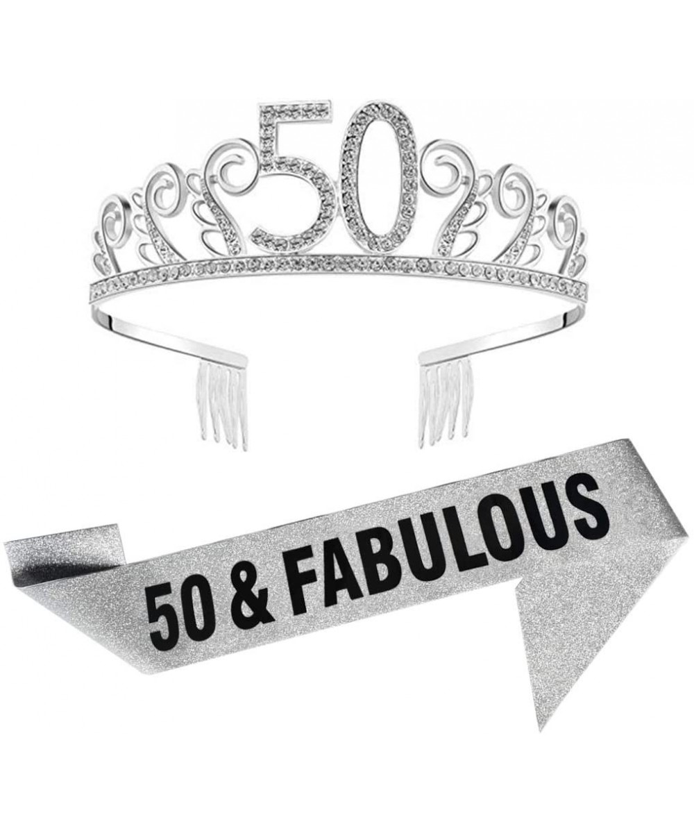 50th Birthday Silver Tiara and Sash Silver Glitter Satin Sash and Crystal Rhinestone Tiara Crown for Happy 50th Birthday Part...