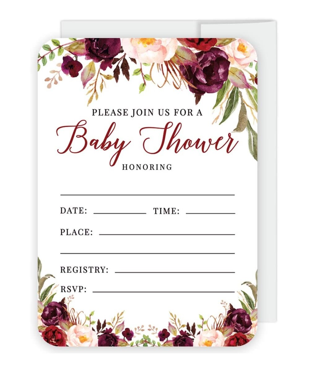 Fall Autumn Burgundy Maroon Floral Flowers Party- 5x7-inch Fill in The Blank Baby Shower Invitations with Envelopes- 24-Pack-...
