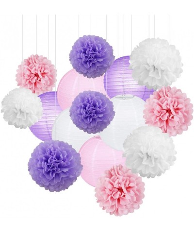 15Pcs White Pink Purple Party Decoration Paper Lanterns Paper Pompoms Balls Hanging Decoration Backdrop for Baby Shower Birth...