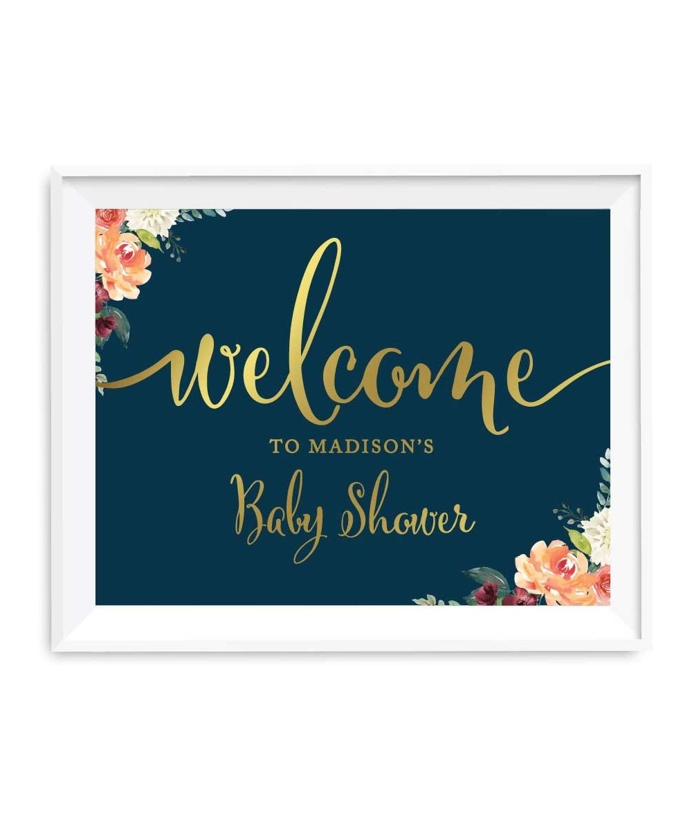 Personalized Baby Shower Party Signs- Navy Blue Burgundy Florals with Metallic Gold Ink- 8.5x11-inch- Welcome to Madison's Ba...