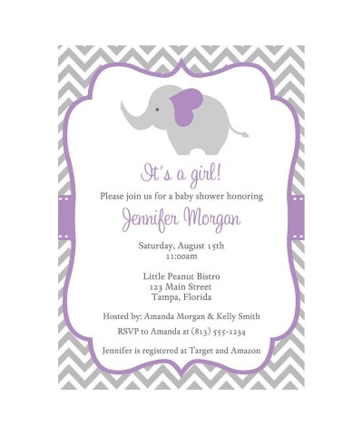 Elephant Baby Shower Invitations Chevron Stripes Girls Lilac Violet Purple Grey Gray It's a Girl Little Peanut Polka Dots Inv...