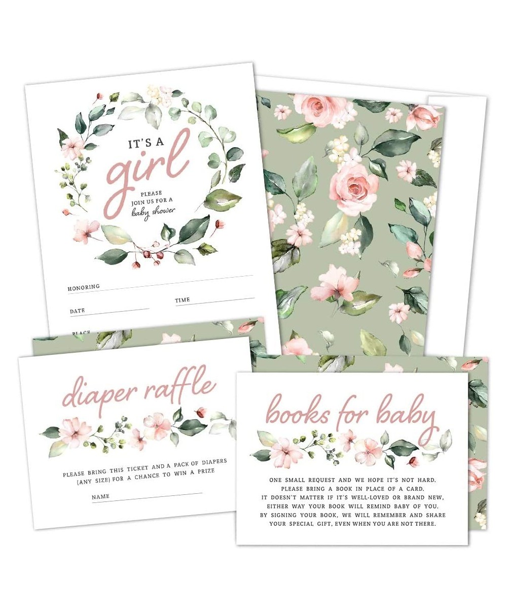 Set of 25 Floral Wreath Baby Shower Invitations- Diaper Raffle Tickets and Baby Shower Book Request Cards with Envelopes - It...