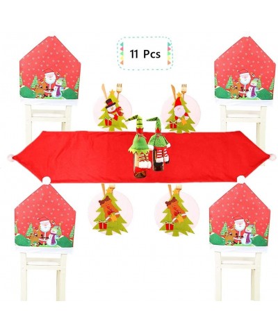 11PCS Table Decor Set of 4 for Xmas Dinner Party-Santa Hat Chair Covers Xmas Table Runner Snowman Dinnerware Set and Elf Wine...