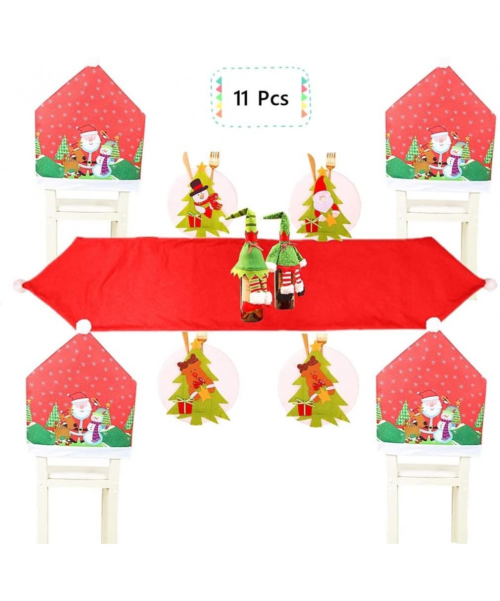 11PCS Table Decor Set of 4 for Xmas Dinner Party-Santa Hat Chair Covers Xmas Table Runner Snowman Dinnerware Set and Elf Wine...
