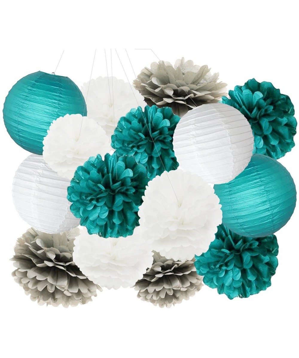 Teal Bridal Shower Decorations White Teal Grey Tissue Paper Pom Pom Paper Lanterns Teal Themed Party Wedding Teal Blue Baby S...