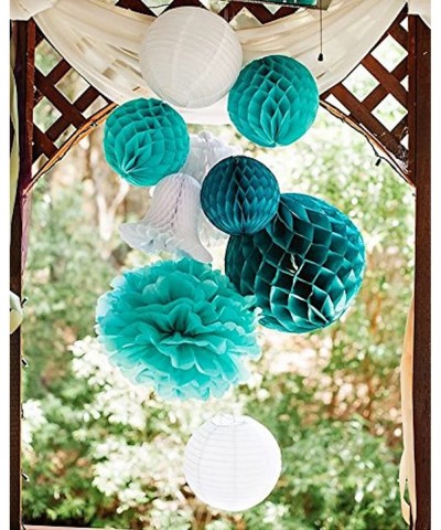 Teal Bridal Shower Decorations White Teal Grey Tissue Paper Pom Pom Paper Lanterns Teal Themed Party Wedding Teal Blue Baby S...