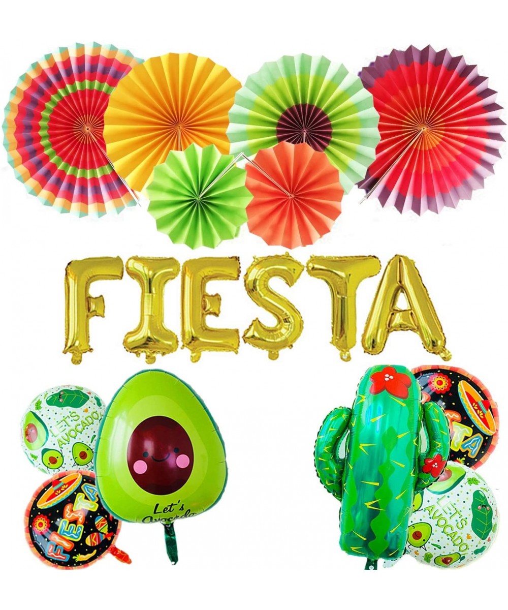 FIESTA Party Foil Balloons- 24" Large Cactus Balloon And 5 party theme round balloons 6 Colorful Paper Fans- Mexican Party Su...