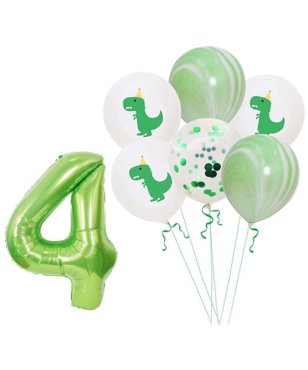 Dinosaur Confetti Latex Balloons and 4th Number Foil Balloons Kit 12 Inch Light Green White Marble with Ribbons Latex Balloon...