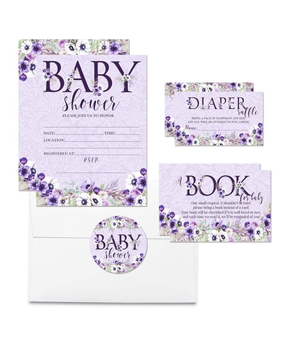 Deluxe Violets Watercolor Floral Baby Shower Party Bundle- Includes 20 each of 5"x7" Fill In Invitations- Diaper Raffle Ticke...