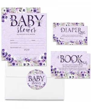 Deluxe Violets Watercolor Floral Baby Shower Party Bundle- Includes 20 each of 5"x7" Fill In Invitations- Diaper Raffle Ticke...