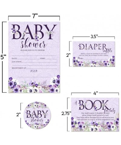 Deluxe Violets Watercolor Floral Baby Shower Party Bundle- Includes 20 each of 5"x7" Fill In Invitations- Diaper Raffle Ticke...