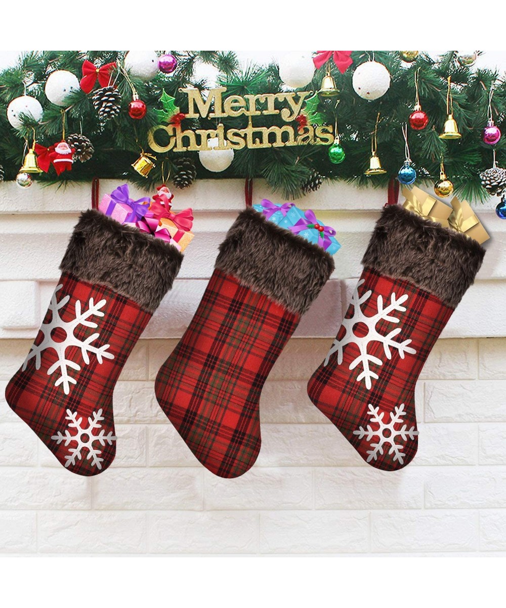 Christmas Stockings- 3 Pack 18.7x8.6 inches Burlap with Large Plaid Snowflake and Plush Faux Fur Cuff Stockings- for Family H...
