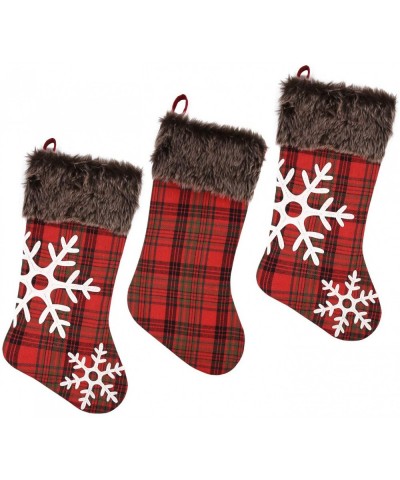 Christmas Stockings- 3 Pack 18.7x8.6 inches Burlap with Large Plaid Snowflake and Plush Faux Fur Cuff Stockings- for Family H...