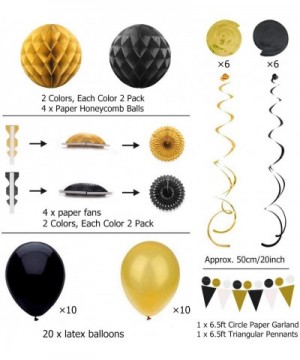 Black and Gold Party Decoration Supplies- Happy Birthday Banner and Ballons- Paper Fans- Honeycomb Balls- Triangular Pennants...