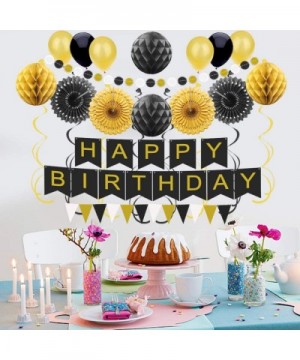 Black and Gold Party Decoration Supplies- Happy Birthday Banner and Ballons- Paper Fans- Honeycomb Balls- Triangular Pennants...