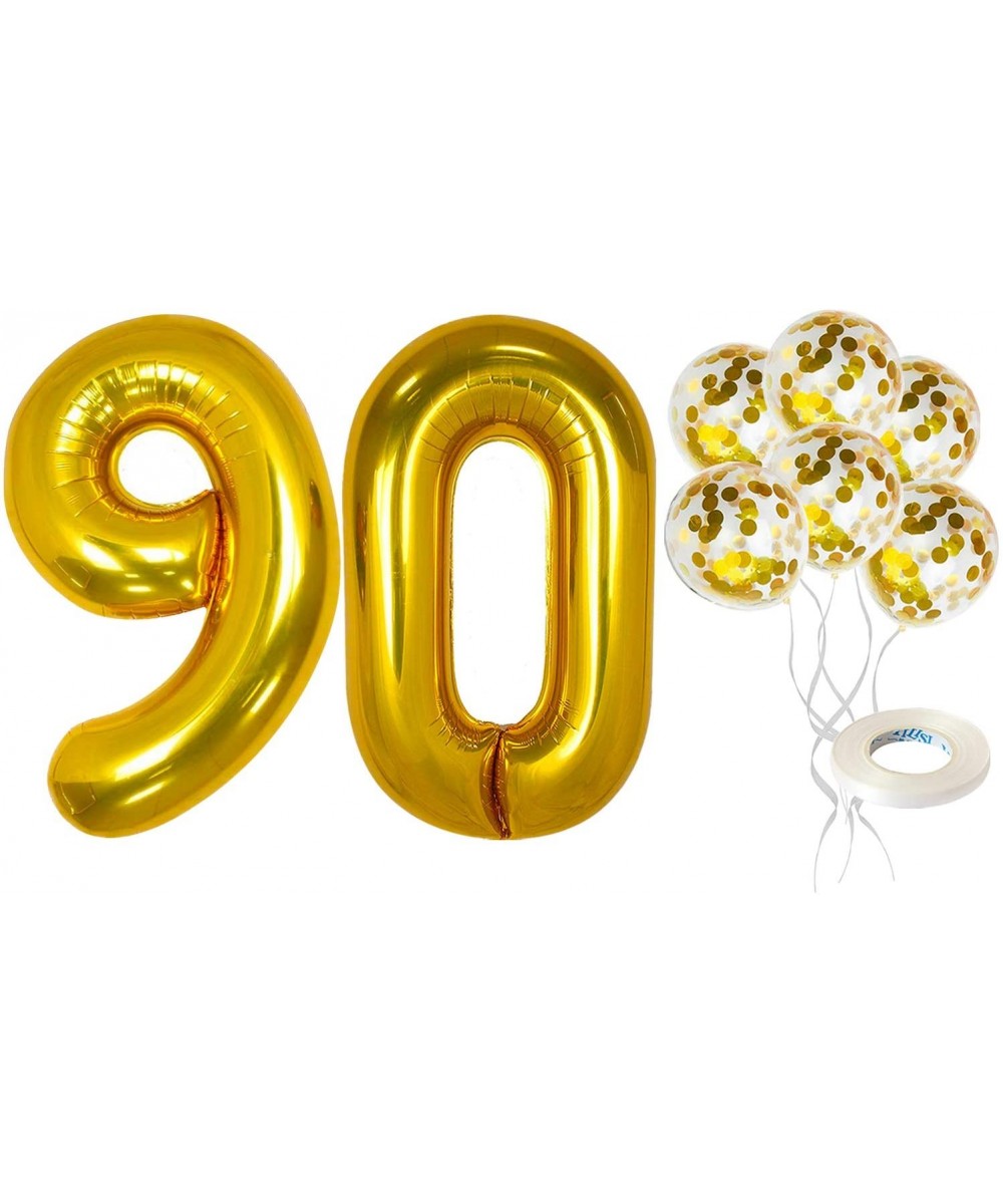 Number 90 and Gold Confetti Balloons - Large- 40 Inch Foiil Gold Balloons - 5 Gold Confetti Balloons- 12 Inch - 90th Birthday...