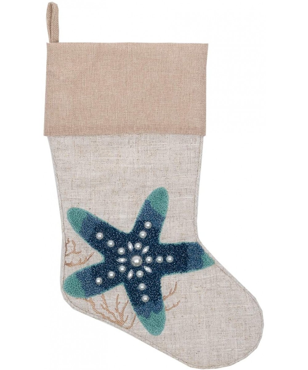 Starfish Indigo Blue Beaded Christmas Holiday Stocking - CB18IKTG5SE $16.18 Stockings & Holders