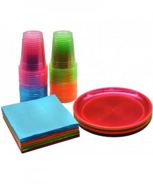 Party Supplies Set/Blacklight UV Glow in The Dark Kit- 9" Plates- 12 oz. Cups- Paper Napkin- 128 Piece- Assorted Neon - 128 P...