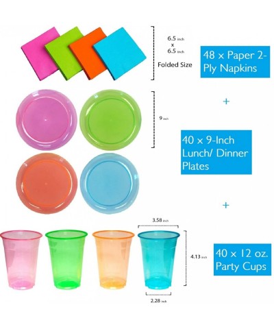 Party Supplies Set/Blacklight UV Glow in The Dark Kit- 9" Plates- 12 oz. Cups- Paper Napkin- 128 Piece- Assorted Neon - 128 P...