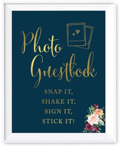Wedding Party Signs- Navy Blue Burgundy Florals with Metallic Gold Ink- 8.5x11-inch- Photo Guestbook Snap It- Shake It- Sign ...