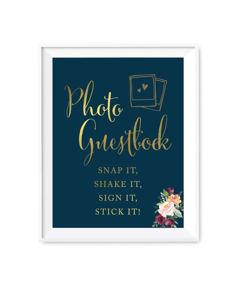 Wedding Party Signs- Navy Blue Burgundy Florals with Metallic Gold Ink- 8.5x11-inch- Photo Guestbook Snap It- Shake It- Sign ...
