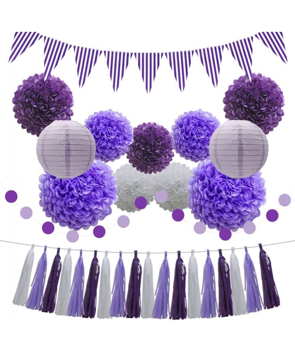 Purple Hanging Party Decoration Supplies Set - Paper Lanterns Tissue Pom Poms Flowers Tassels Hanging Garland Circle Banner T...