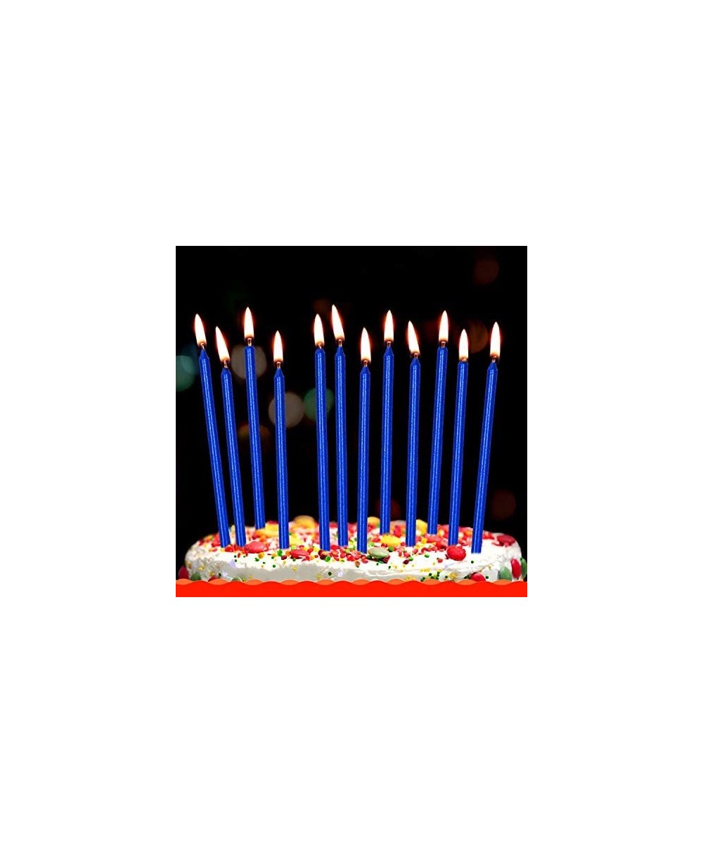 12 Count Long Thin Blue Birthday Cake Candles in Holders for Birthday Wedding Party Cupcake Decorations Tall Candles - Blue -...