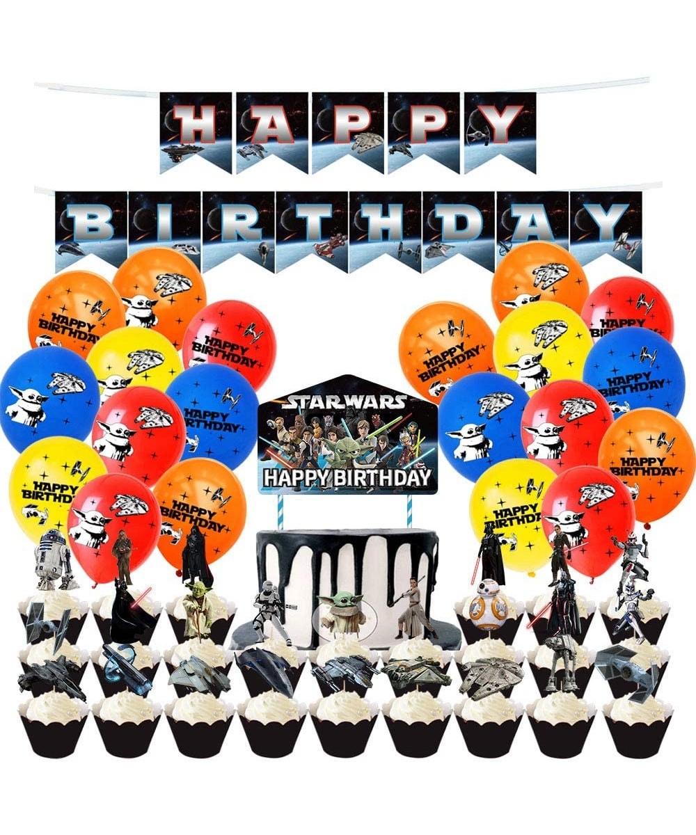 Star Wars Party Supplies with Happy Birthday Cake Toppers-Banner-24 Pcs Cupcake Toppers-20 Pcs Balloons for Star Wars Theme P...