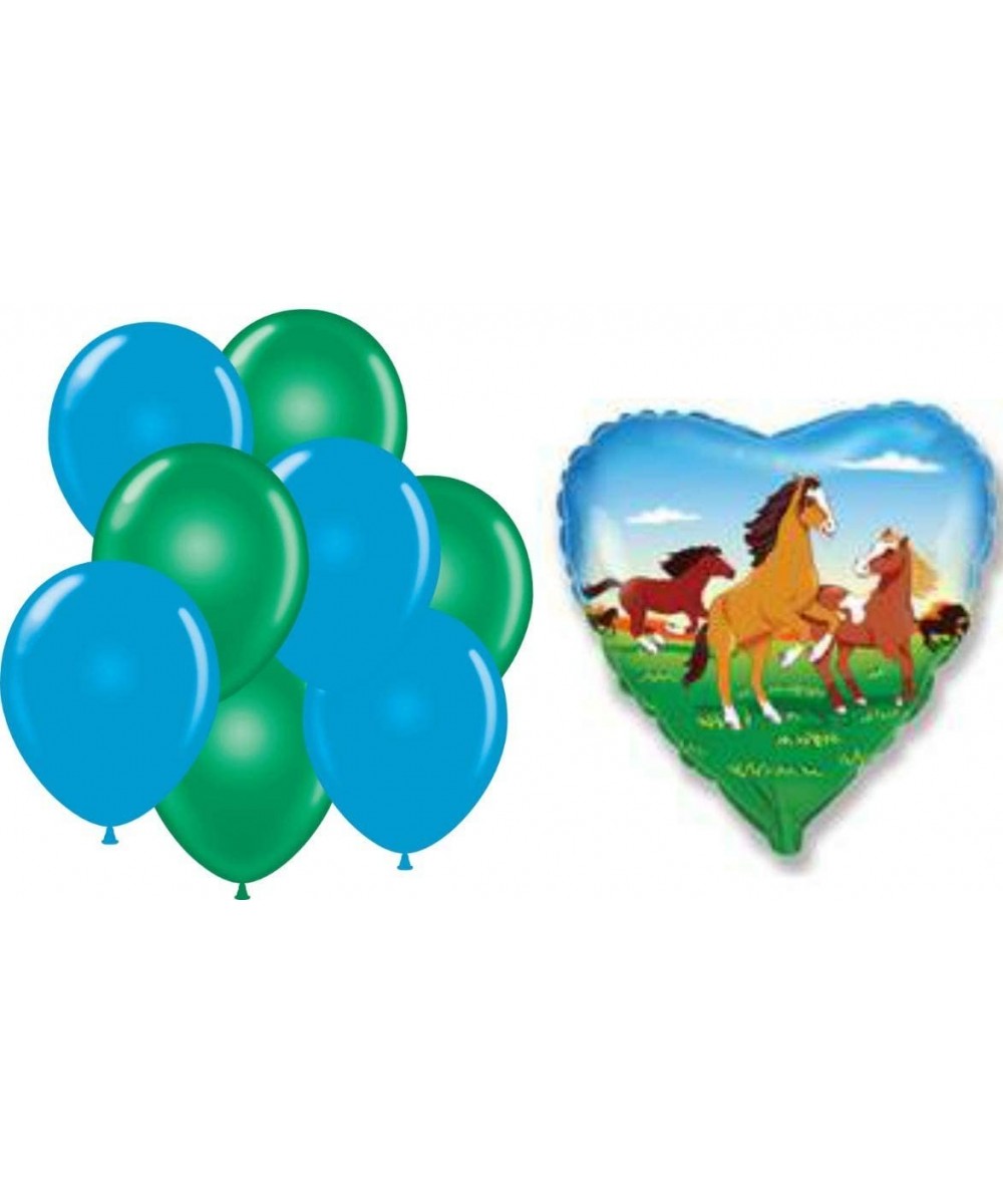 Heart Horse Green and Blue Balloons for Kids - 9-Pack 1-Heart Horse and 6 Blue and Green 12inch Balloons Set for Birthday Par...