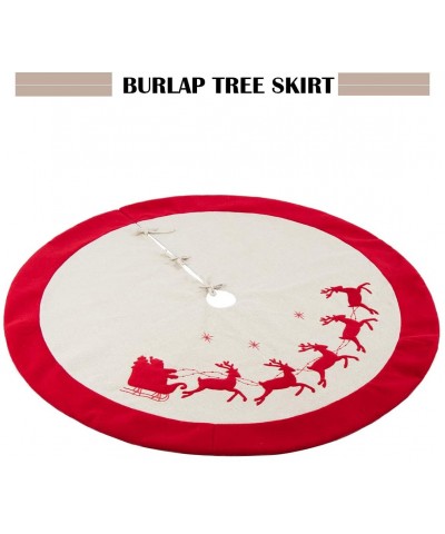 48 Inches Burlap Christmas Tree Skirt with Red Trim Reindeer Printing Rustic Style Xmas Home Decoration Ornaments (Red Reinde...