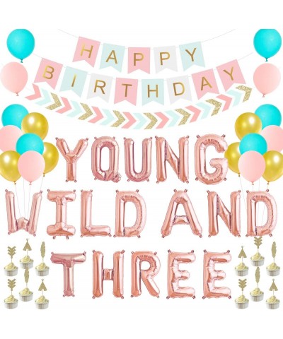 Young Wild And Three Decoration Pack Green Pink Yellow Glitter Arrow Pennant Happy Birthday Banner Gold Glitter Cupcake Toppe...