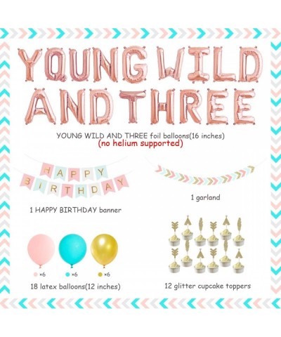 Young Wild And Three Decoration Pack Green Pink Yellow Glitter Arrow Pennant Happy Birthday Banner Gold Glitter Cupcake Toppe...