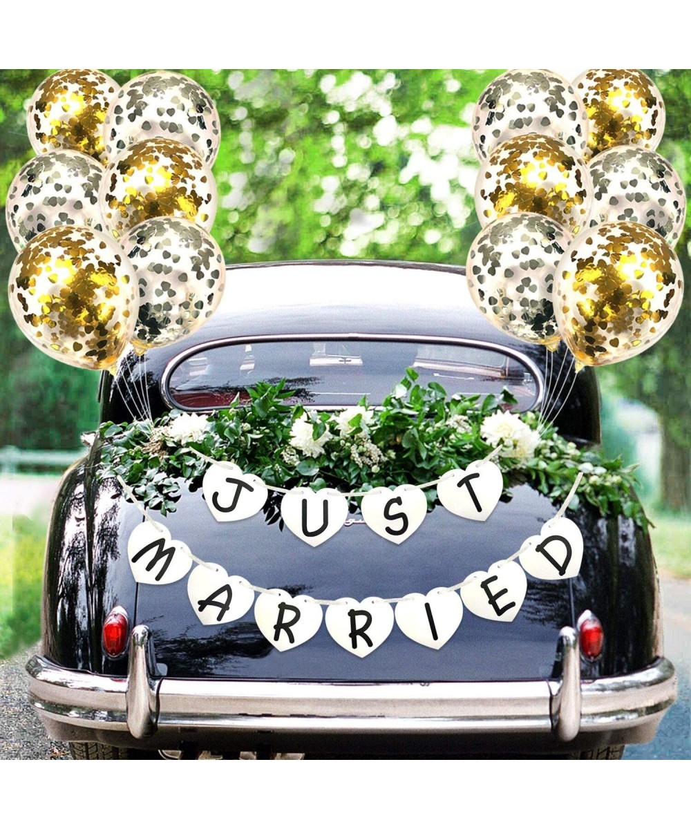 Just Married Bunting Banner Bundle & Gold Silver Confetti Balloons- Just Married Garland Banner with Paillette Latex Balloons...