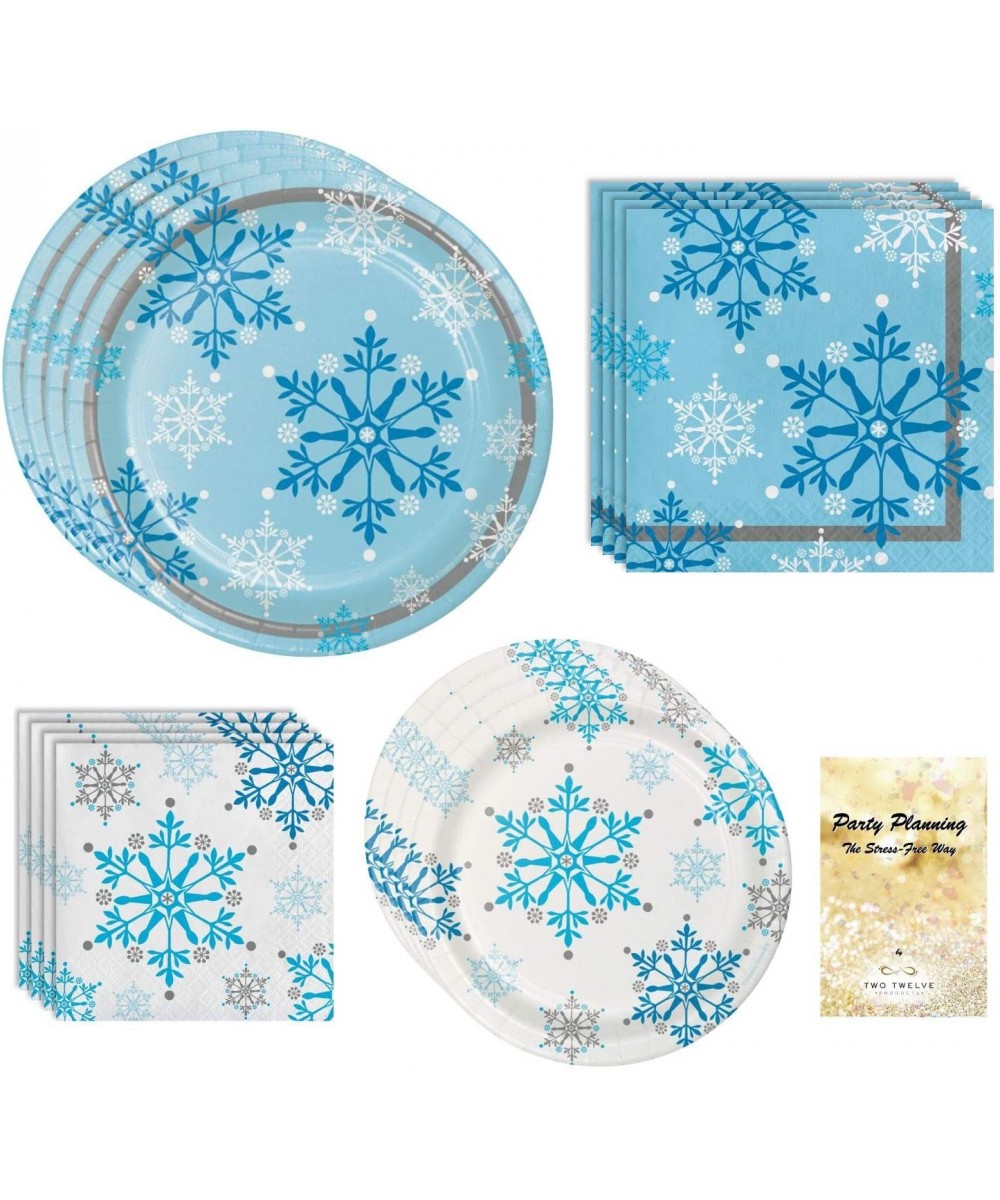 Winter Holiday Party Supply Pack- Snowflake Swirls Design- 16 Guests- 65 Pieces- Disposable Paper Dinnerware- Plate and Napki...