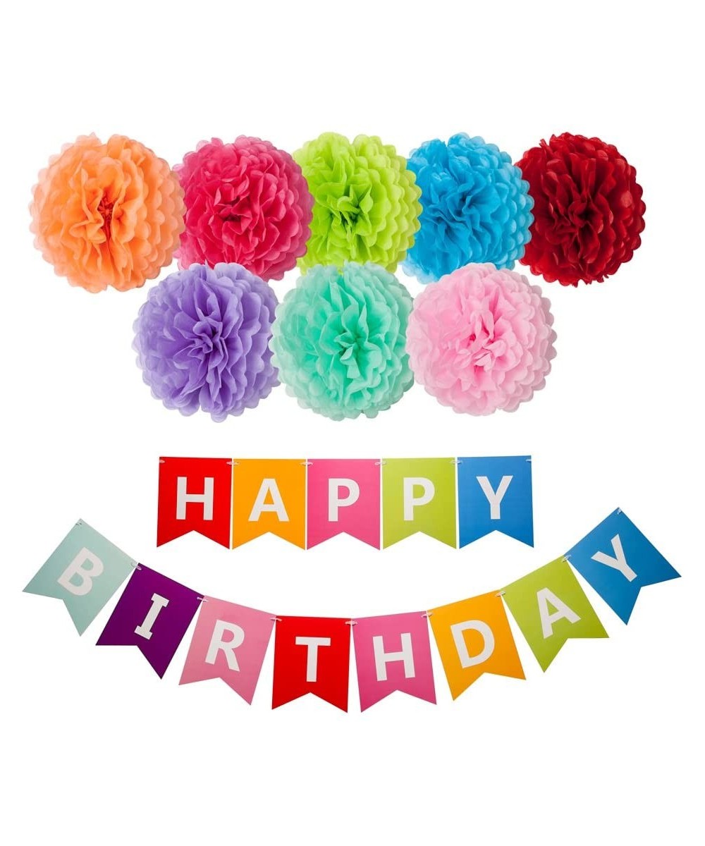 Happy Birthday Decorations Banner with 8 Tissue Paper Pom Pom Colorful Rainbow - CS17YXCIIWZ $7.34 Tissue Pom Poms