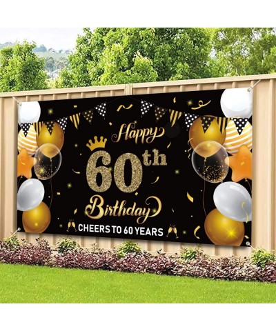 Happy 60th Birthday Backdrop Banner Cheers to 60 Years Background Banners 78" x 45" Extra Large Backdrops Balloons Black Gold...