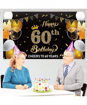 Happy 60th Birthday Backdrop Banner Cheers to 60 Years Background Banners 78" x 45" Extra Large Backdrops Balloons Black Gold...