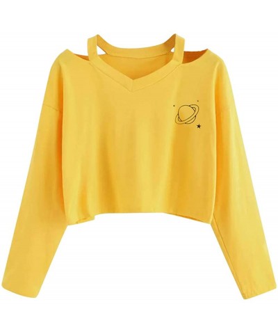 Women's Casual Floral Rose Print Long Sleeve Crop Tops Teen Girls Tops Sweatshirt Blouse Shirts - Yellow-1 - CJ18W44DQ60 $11....